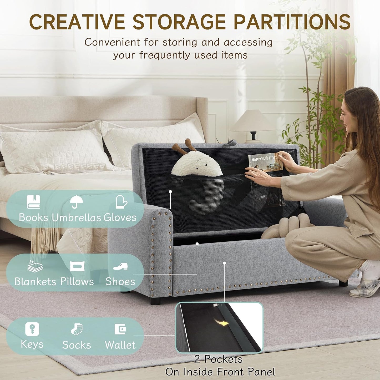 Ottoman with Storage, Tufted Storage Bench for Bedroom, 48" Fabrics End of Bed Bench, Upholstered Entryway Shoe Benches with Rolled Arm & Inner Zipper, Window Ottomans Chest with Rivets, Drak Grey