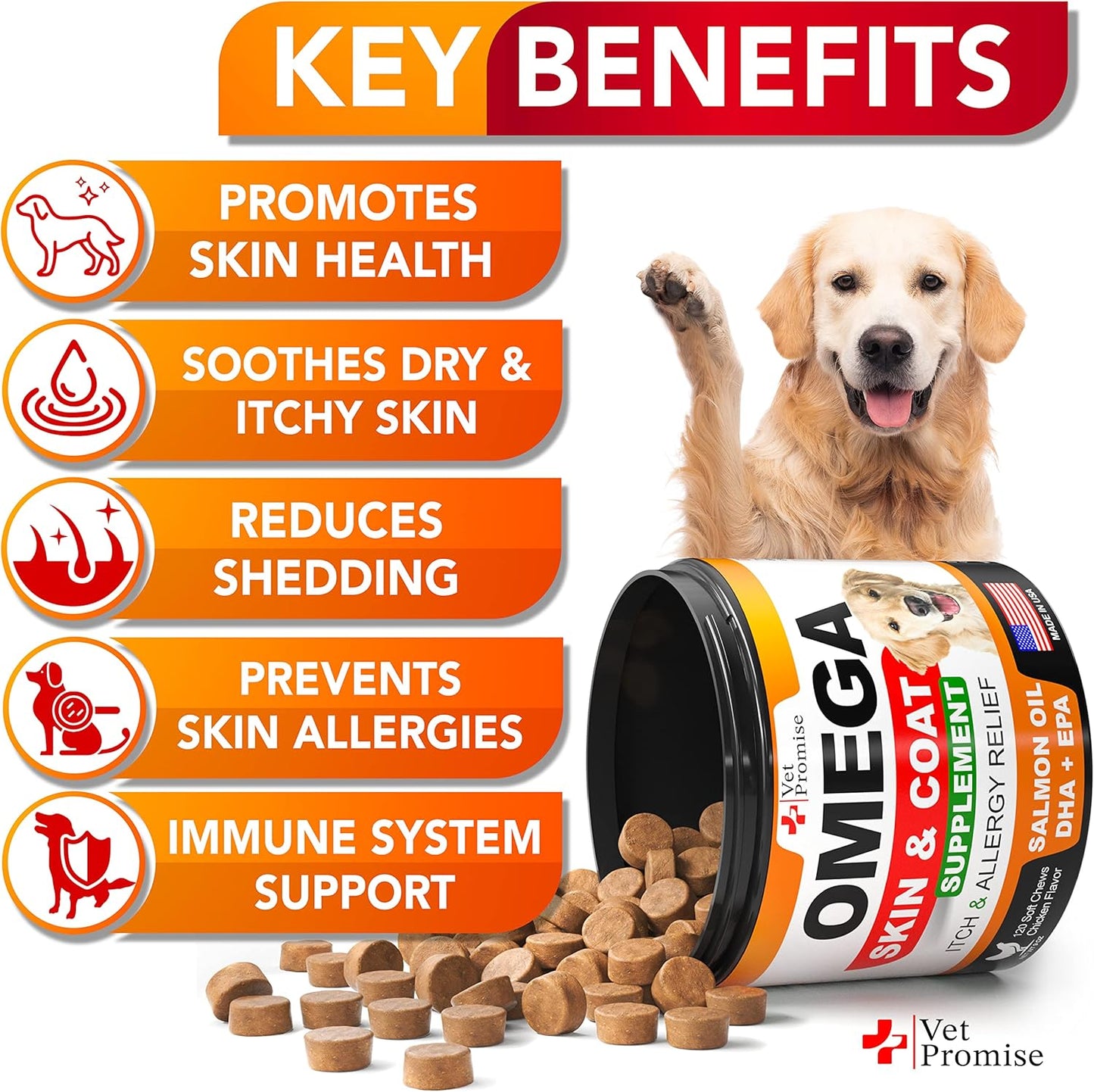 Omega 3 for Dogs - Skin and Coat Supplement - Fish Oil for Dogs Chews - Allergy and Itch Relief - Anti Shedding Supplement - Dry Skin Treatment - Salmon Oil - Made in USA - 120 Soft Treats