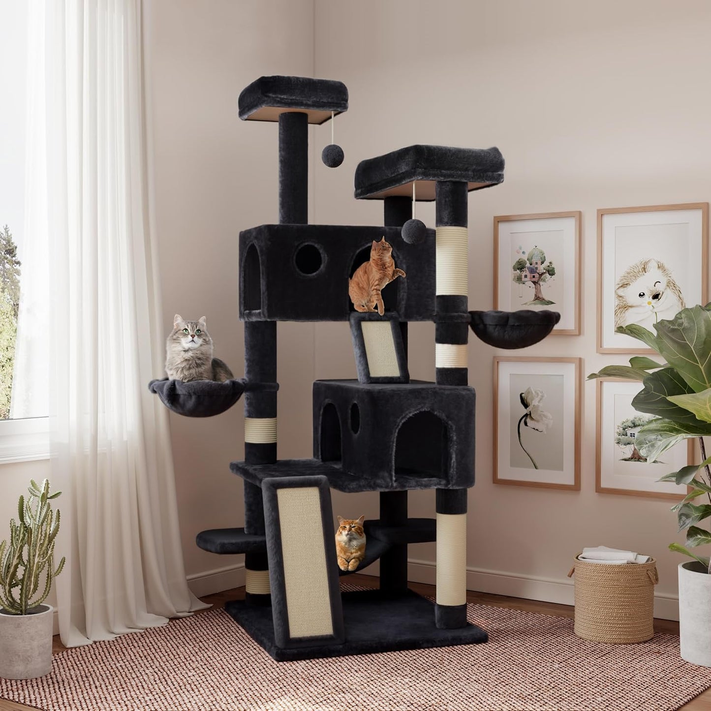 SHA CERLIN 65in Larger Cat Tree Tower Condo for Indoor Kitties/Multi-Level Furniture Activity Center with Wide Base/Cozy Plush Cat Perches/Baskets/Sisal Scratching Posts and Hammock/Dark Grey