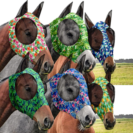 Chunful 6 Pcs Horse Fly Masks with Ears Smooth and Comfortable Cashel Mesh Fly Mask Elasticity Breathability UV Protection Horse Face Covering for Riding Supplies(Flamingo,Medium)