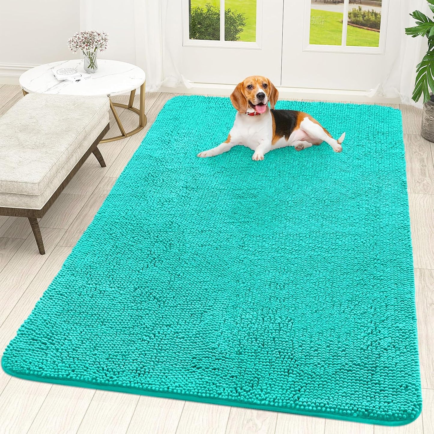 OLANLY Dog Door Mat for Muddy Paws 70x46, Absorbs Moisture and Dirt, Absorbent Non-Slip Washable Doormat, Quick Dry Chenille Mud Mat for Dogs, Entry Indoor Entryway Carpet for Inside Floor, Teal