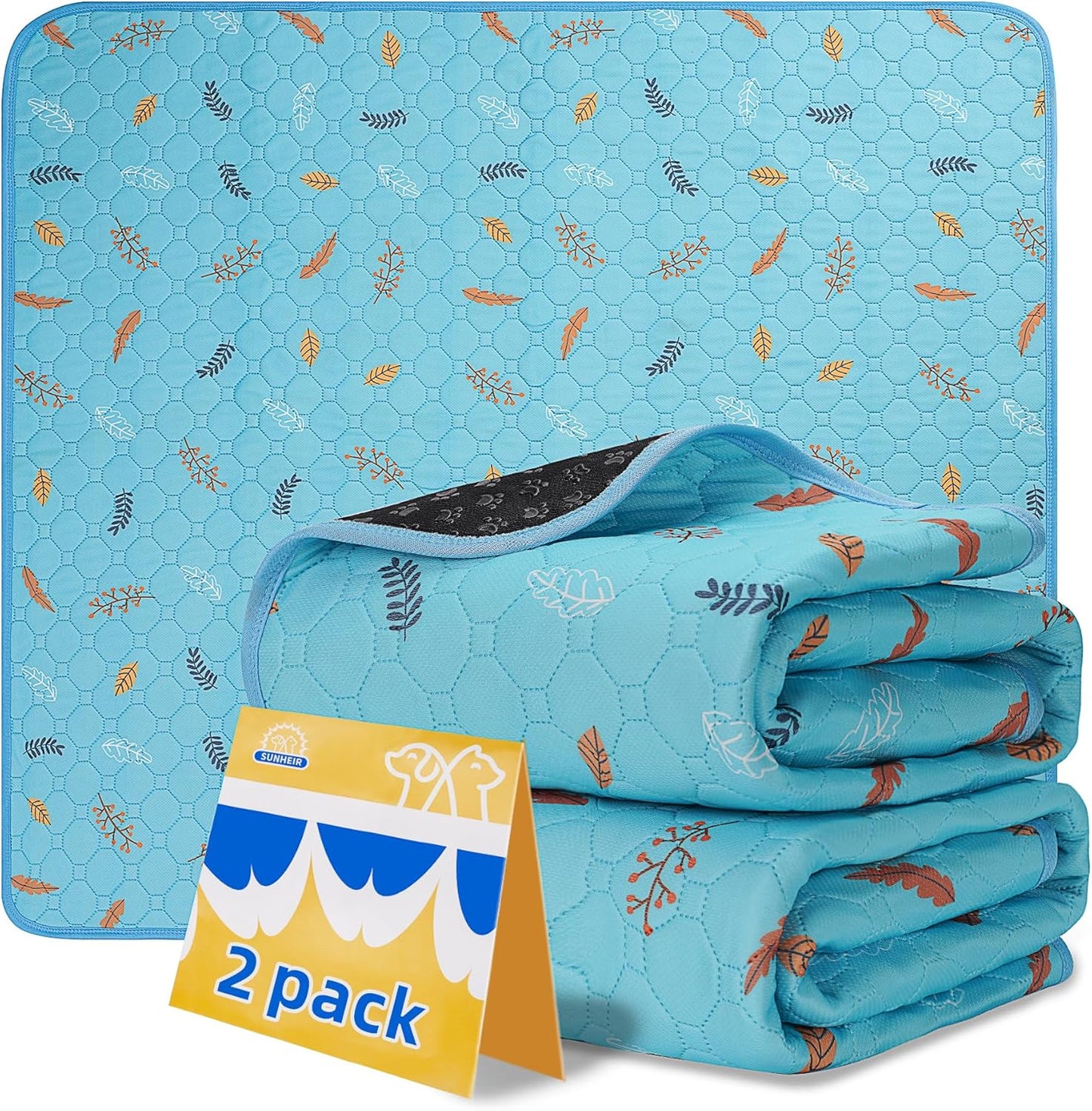 Sunheir Washable Pee Pads for Dogs - 2-Pack Thick Heavy-Absorbency Reusable Pee Pads Prevent Leakage Non-Slip, Waterproof Pet Training Pads for Puppy Playpen, Crate, Whelping Box, Potty Training, Blue