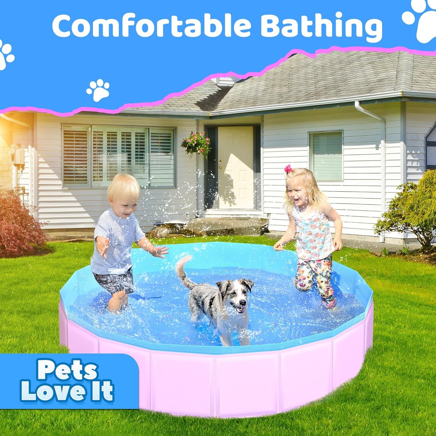 2025 Updated Foldable Dog Pool, 97" x 12" Kiddie Pool with Hard Plastic, Non-Slip Dog Bath Tub for Outdoor Backyard, Collapsible Dog Swimming Pool for Kids Dogs Pets (Pink)