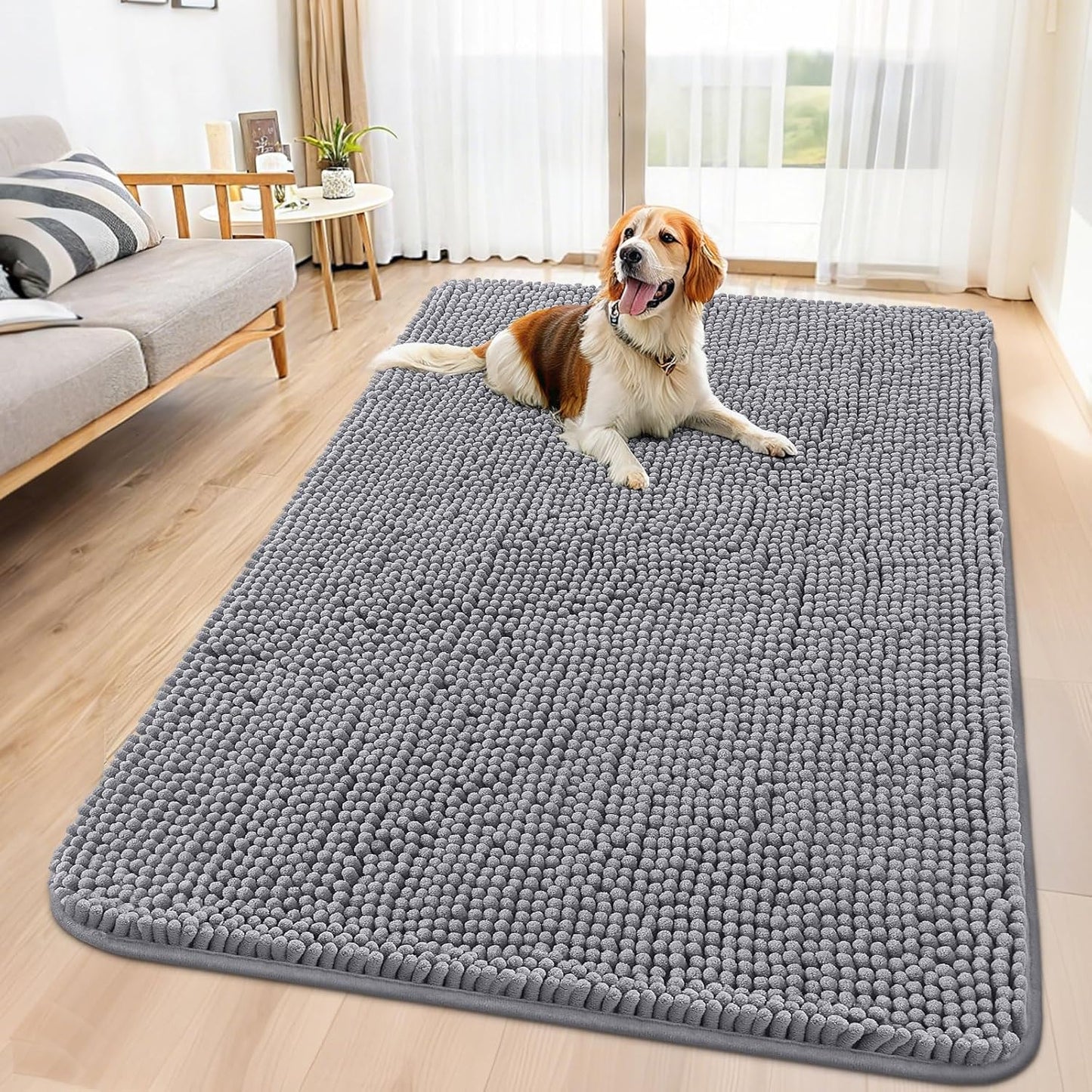 Smiry Dog Door Mat for Muddy Paws 70x35, Absorbs Moisture and Dirt Doormat, Non-Slip Washable Quick Dry Chenille Front Door Mat Indoor Entrance, Entryway Carpet for Inside Floor, Grey
