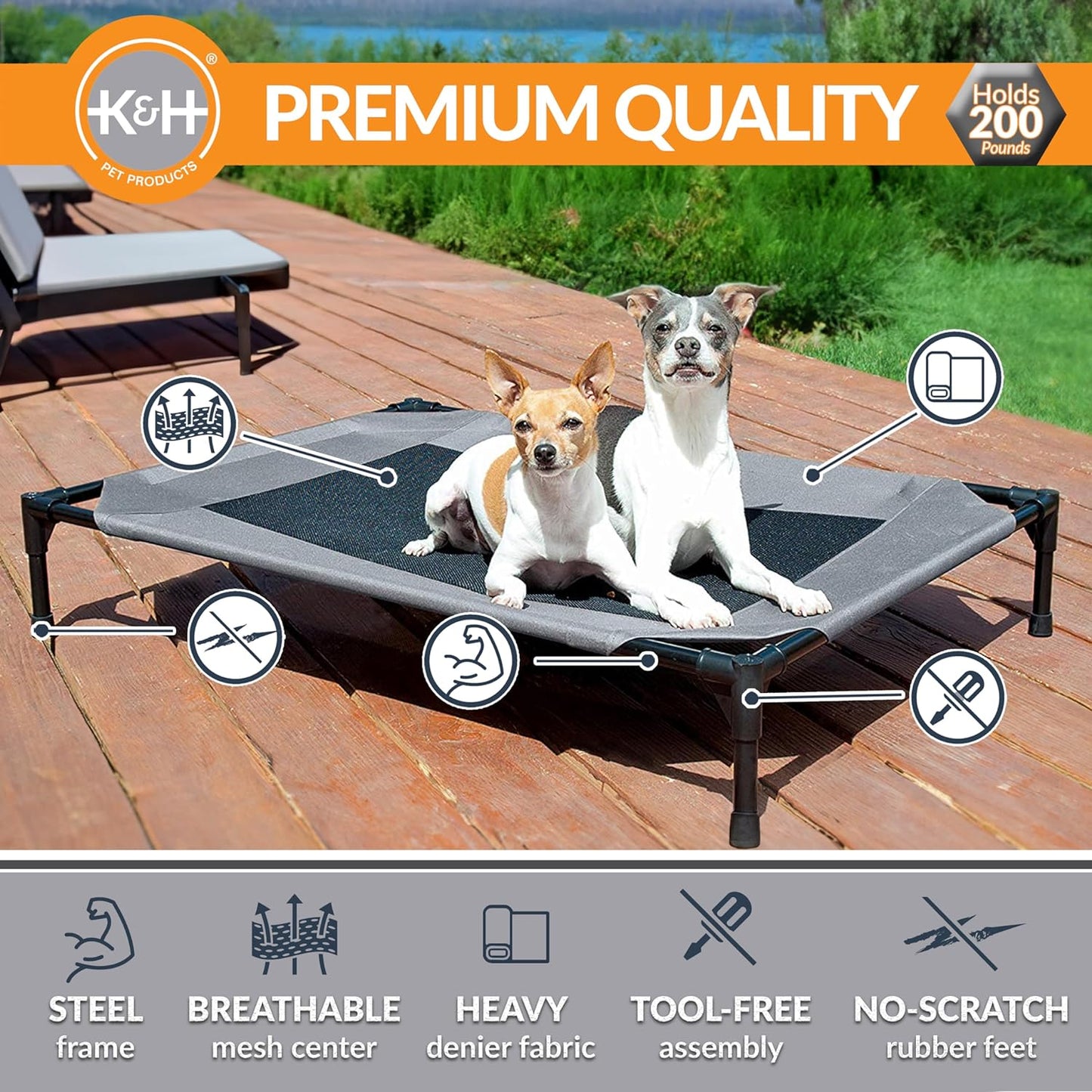 K&H Pet Products Outdoor Elevated Dog Cot, Breathable Cooling Elevated Cot Hammock Pet Bed for Large Dogs, Washable Mesh Cover, Raised Metal Frame, Collapsible, Portable - Large 42 X 30in Gray