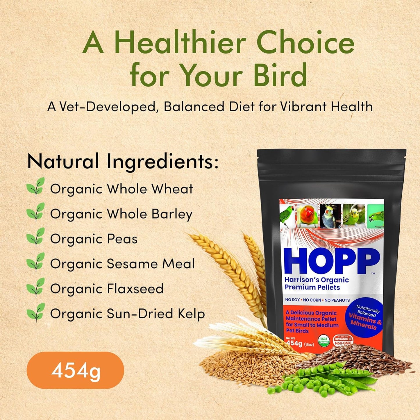 Harrison's Organic Premium Pellets- a Well-Balanced, Certified Organic Small to Medium Pet Bird Diet—No Soy, Corn, and Peanuts for Those Seeking to Avoid These Ingredients