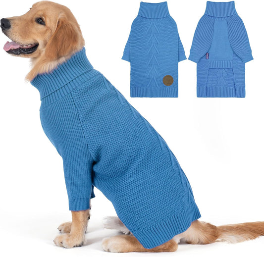 cyeollo 2XL Dog Sweater, Warm Stretchy Sweaters for Large Dogs Boy, Pullover Knitted Thermal Winter Big Dog Clothes with Sleeves, Turtleneck Pet Beagle Border Collie Apparel, Blue XXL