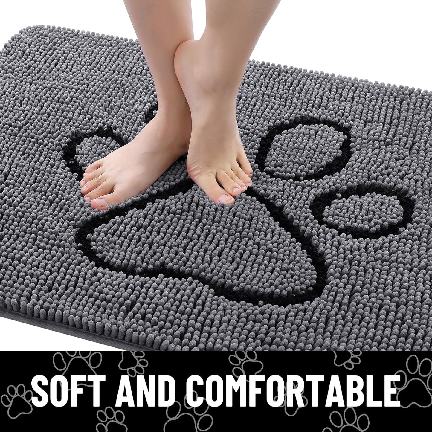 Smiry Dog Door Mat for Muddy Paws, Absorbent Dirt Trapper Non Slip Quick Dry Washable Chenille Mat for Mud Dogs, Entry Rug for Indoor and Outdoor (48x30 Inches, Dark Grey and Black)