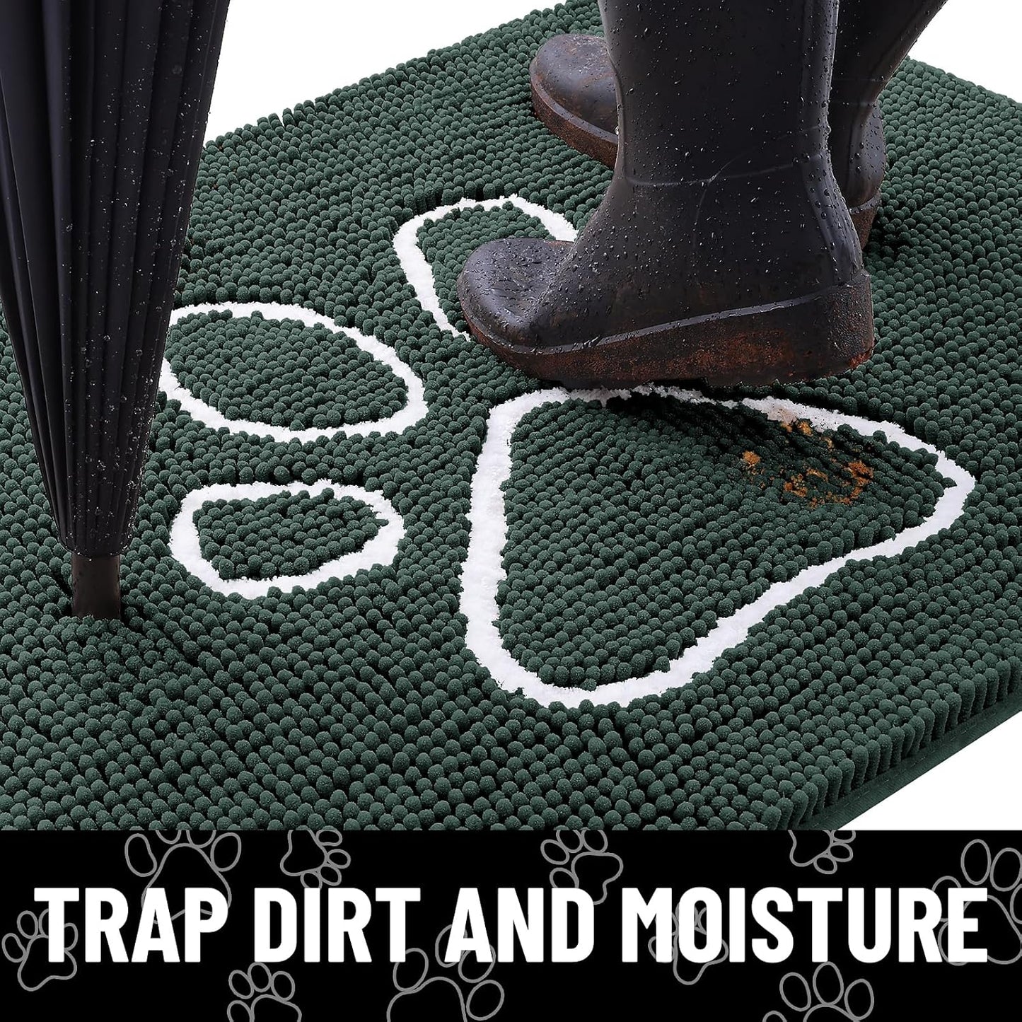Smiry Dog Door Mat for Muddy Paws, Absorbent Dirt Trapper Non Slip Quick Dry Washable Chenille Mat for Mud Dogs, Entry Rug for Indoor and Outdoor (59x35 Inches, Green)