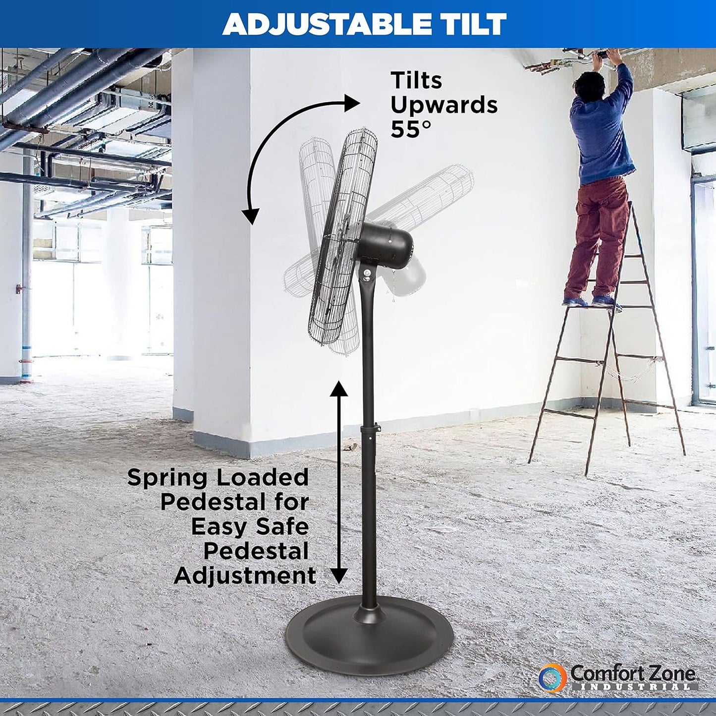 Comfort Zone Industrial Pedestal Fan, 30 inch, 3 Speed, High Velocity, Adjustable Height 56” to 76”, Metal, Meets OSHA Standards, Airflow 36 ft/sec, Ideal for Garage, Workshop or Warehouse, CZHVP30