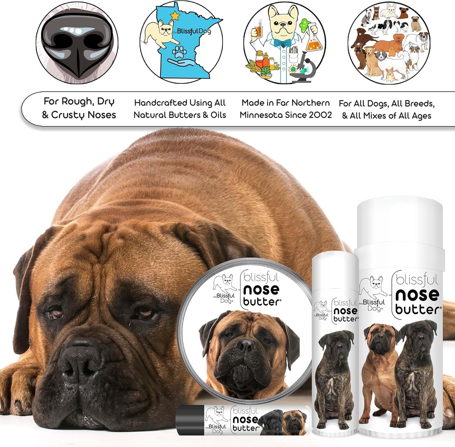 The Blissful Dog Bullmastiff Nose Butter for Dry, Cracked Skin, Lick-Safe Dog Nose Balm with Moisturizing Shea Butter, Almond, Olive, and Essential Oils, Pet Supplies, Uncented, 0.50 oz.