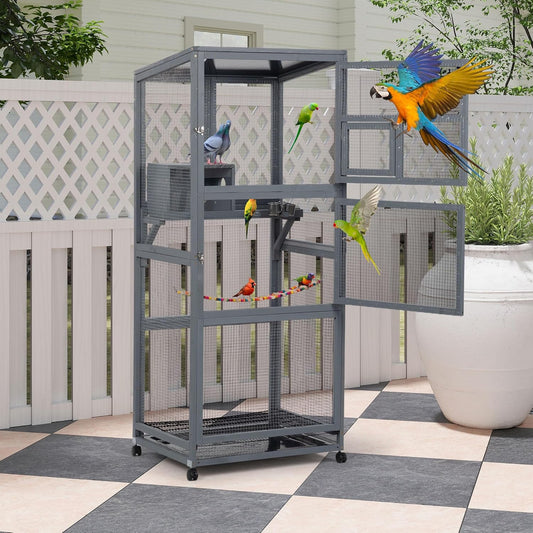 Coziwow 68" H Large Wood Bird Cage on Wheels, Outdoor Bird Aviary Indoor Wooden Large Bird Cage Parakeet Cage with Pull Out Tray and Feeder,Ideal for Small Birds,Finches,Parrots, Gray