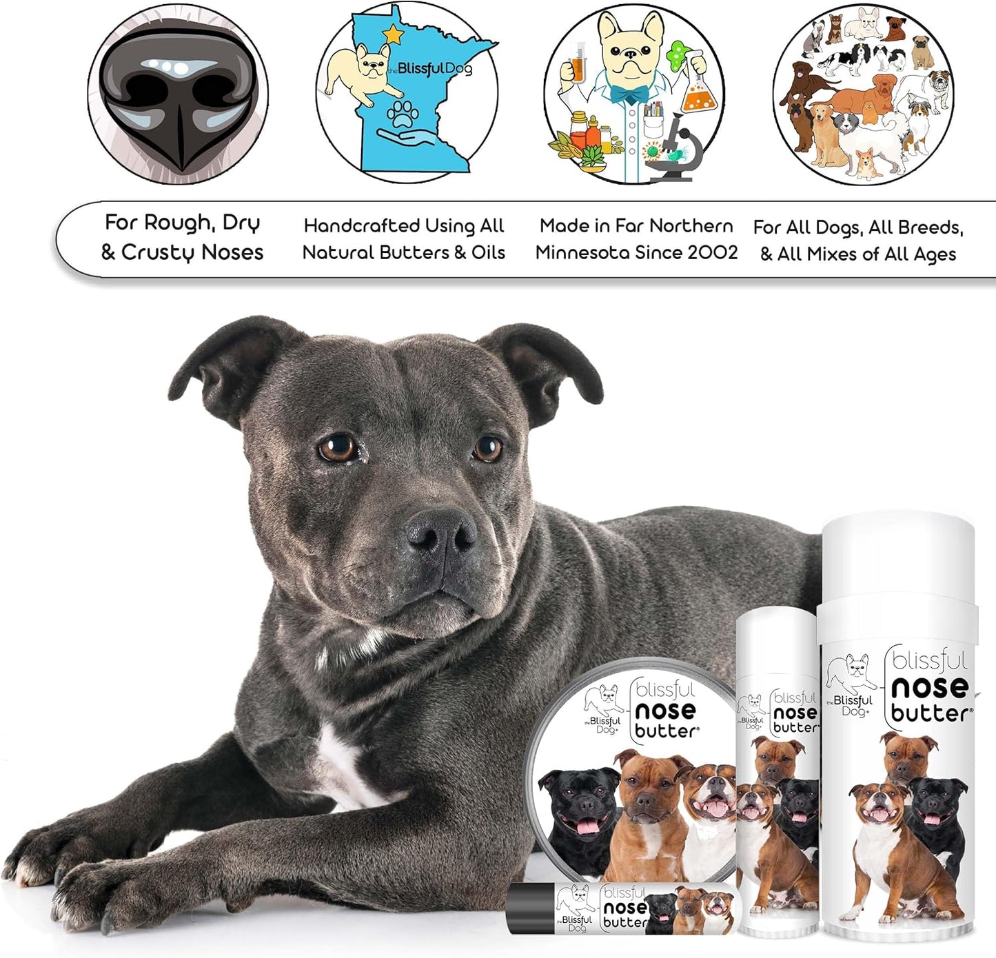 The Blissful Dog Staffordshire Bull Terrier Nose Butter for Dry, Cracked Skin, Lick-Safe Dog Nose Balm with Moisturizing Shea Butter, Almond, Olive, and Essential Oils, Pet Supplies, Uncented, 1 oz.