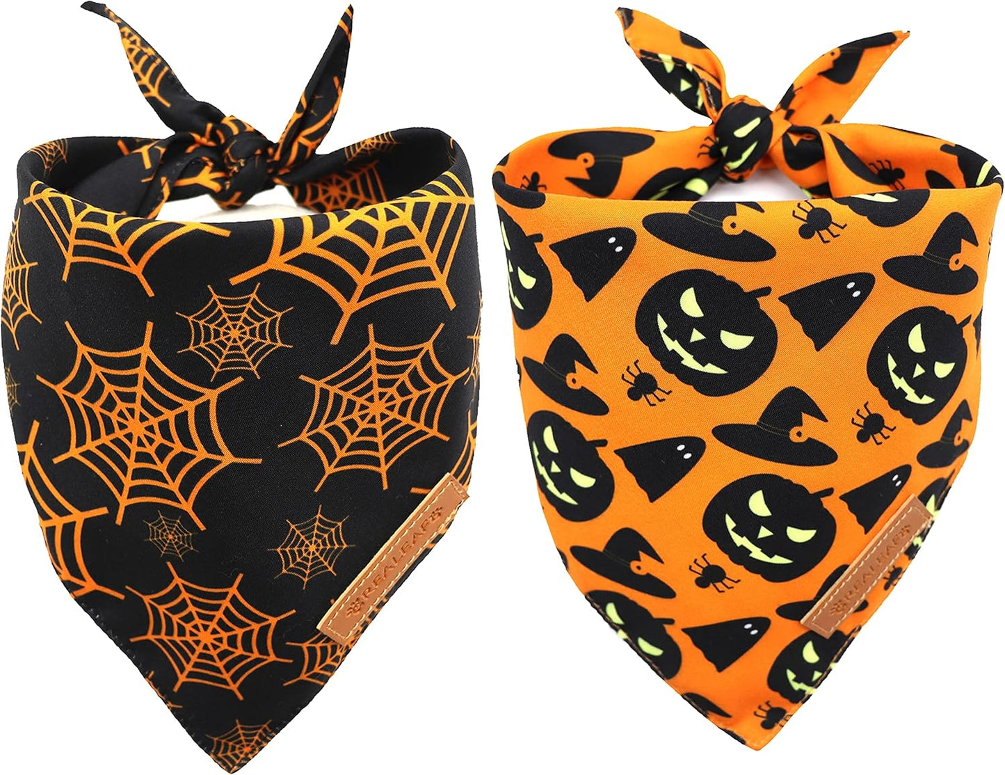 Realeaf Halloween Dog Bandanas 2 Pack, Pumpkin and Spider Web Bibs, Triangle Reversible Fall Pet Scarf, Premium Durable Fabric, Adjustable Fit (Small)