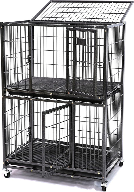 Homey Pet 31 Inch Stackable Heavy Duty Dog Crate Cage Kennel with Four Lockable Wheels, Removable Tray, Escape Proof Wire Drop Dog Crates for Small Dogs (Two Tiers)