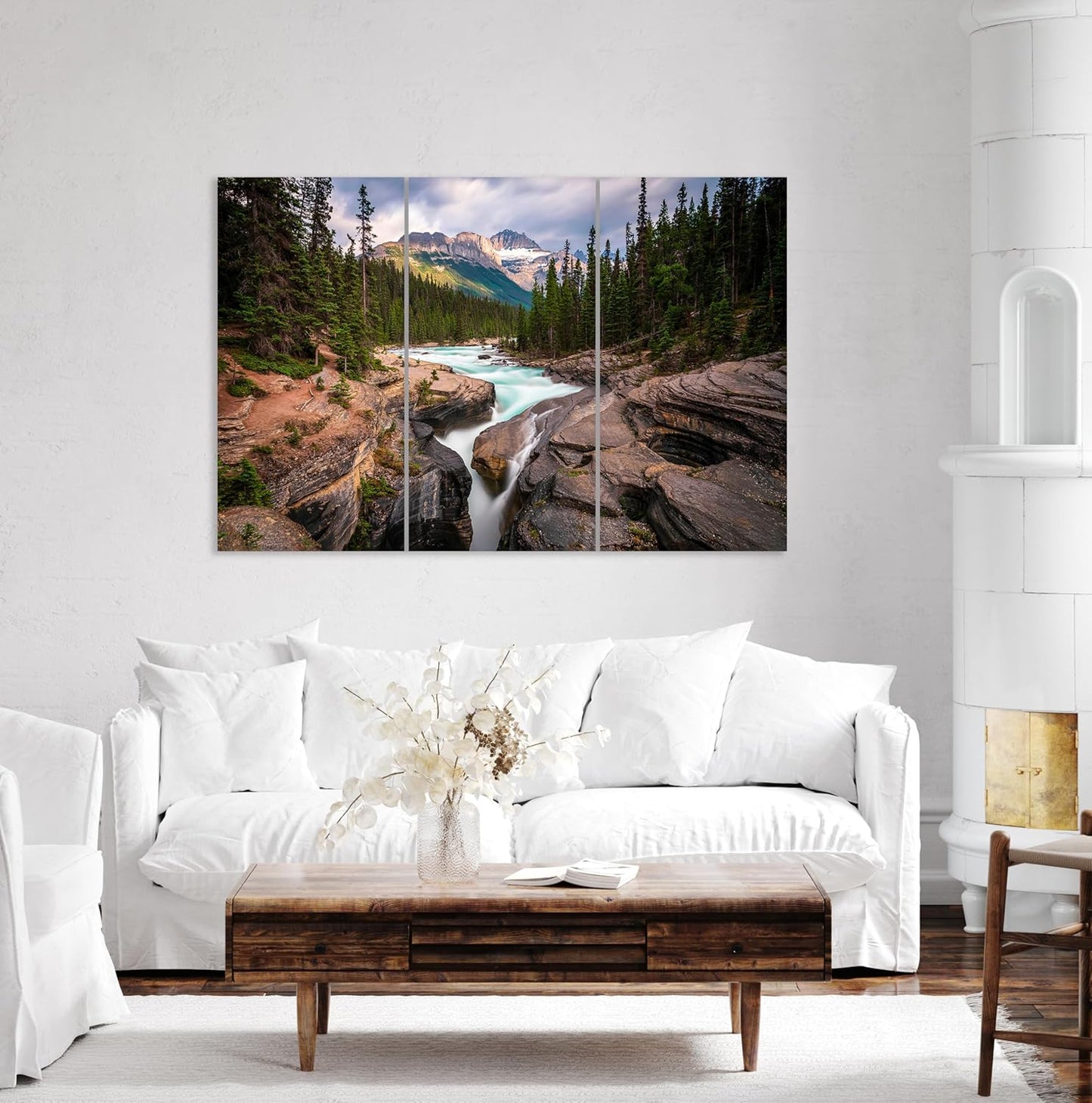 Nature Wall Art Prints - Ocean Forest Mountain Lake Canvas Landscapes - Small to Extra Large Living Room Bedroom Kitchen Bathroom Décor (Mountain River Waterfall, 35L" x 53W" - 3 Panels)