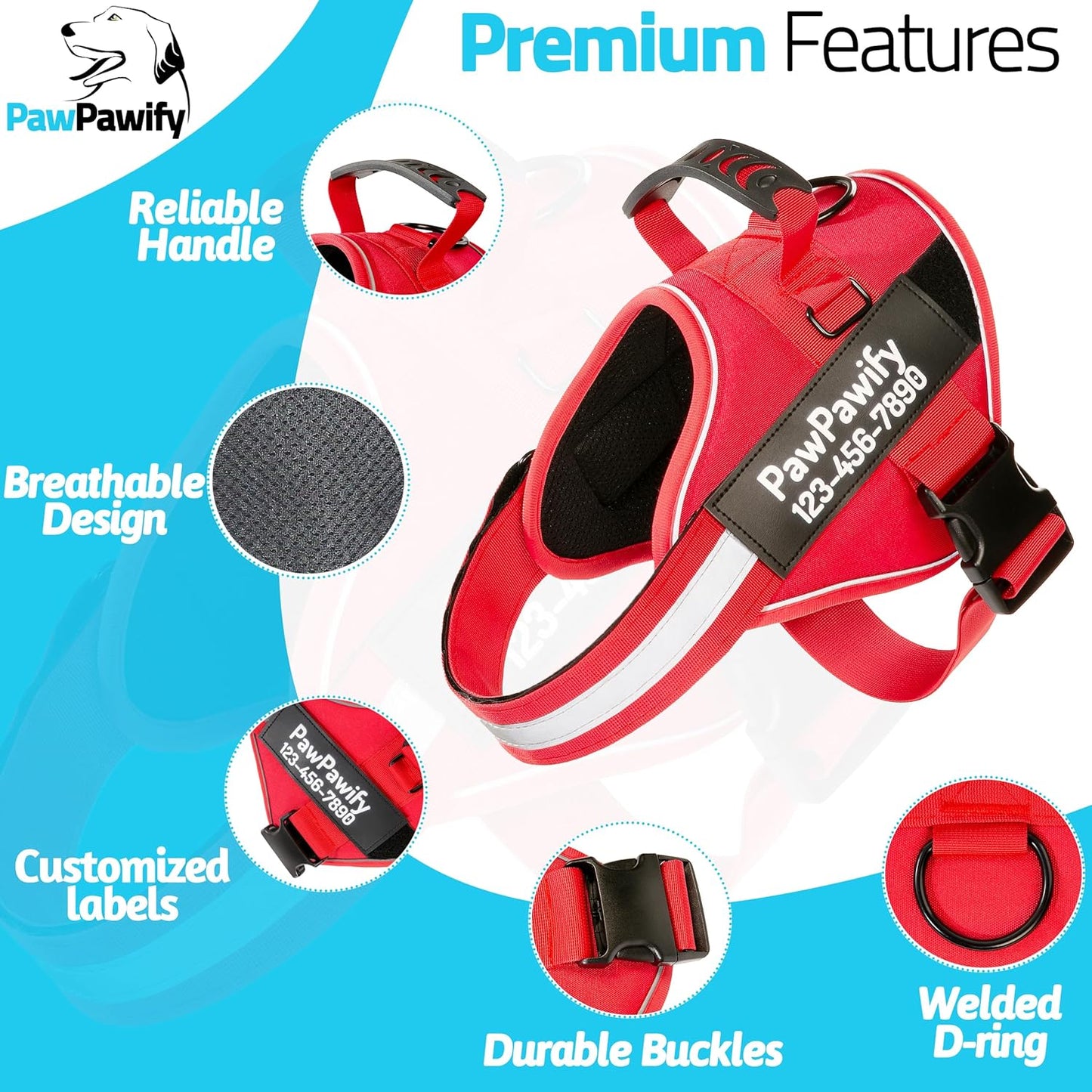 PawPawify Custom No Pull Dog Harness with Name and Phone Number, Heavy Duty Personalized Pet Vest to Prevent Tugging, Pulling, or Choking, Training and Walking (New Red, XL (60-85 LBS))