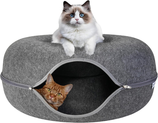 Emory Lane - Premium Cat Cave, Multifunctional Donut Tunnel Bed, Round Felt Cave with Zipper, for Pets up to 40 Lbs (24x24x11 Inch) (Dark Gray)