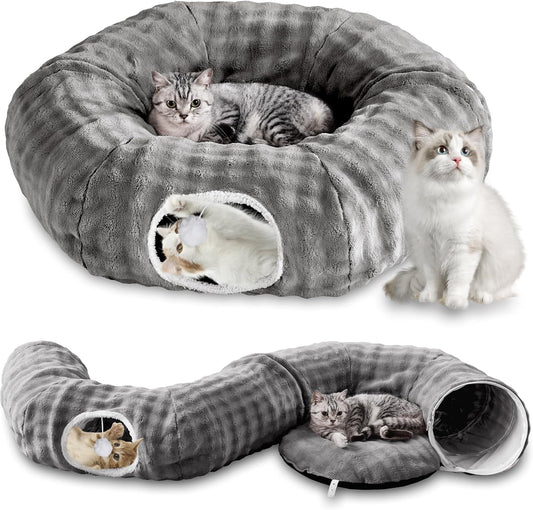 Bubble Cat Tunnel for Indoor Cats, Round Peekaboo Cave Toy with Dangling Balls, Donut Tunnel Bed with Circle Mat for Puppy Kitten Rabbit, Grey