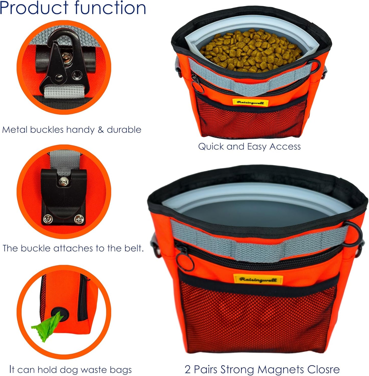 Dog Treat Pouch with Magnetic Closure 4-Cup Silicone Bag Fanny Pack Holder with Clicker 4 Ways to Wear Front Pocket Fits All Phones Ideal for Leash, Pet Walking and Training（Orange）