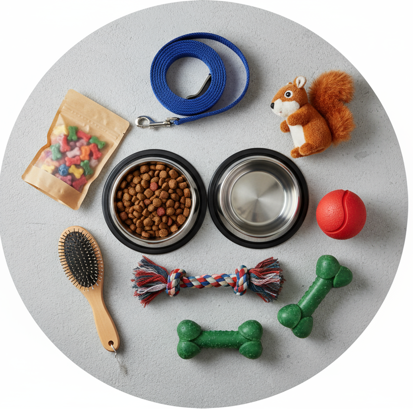 circle photo of pet supplies, make a real photo