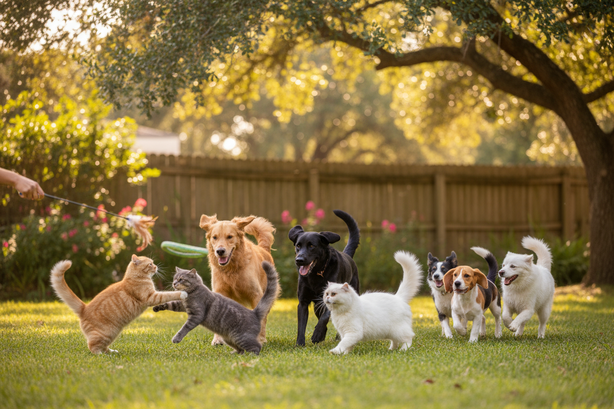 real photo of pets playing outside